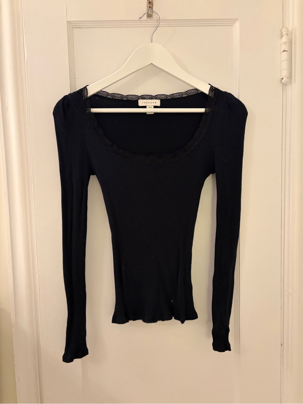 Topshop Black Ribbed Lace-Trim Long Sleeve Tee